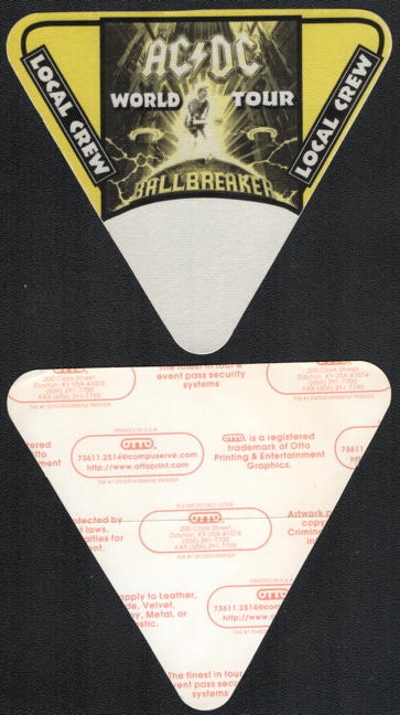 ##MUSICBP0758 - AC/DC OTTO Cloth Backstage Local Crew Pass from the 1996 Ballbreaker World Tour - Yellow Version