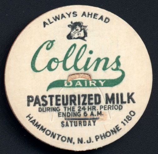 Collins Dairy Pasteurized Milk Bottle Cap with Cow Head Pictured