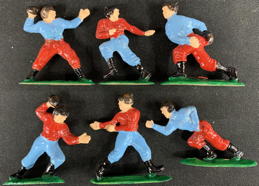 ##TY937 - Set of 6 Hand Painted Blue and Red Hard Plastic Football Player Figures - Cake Toppers