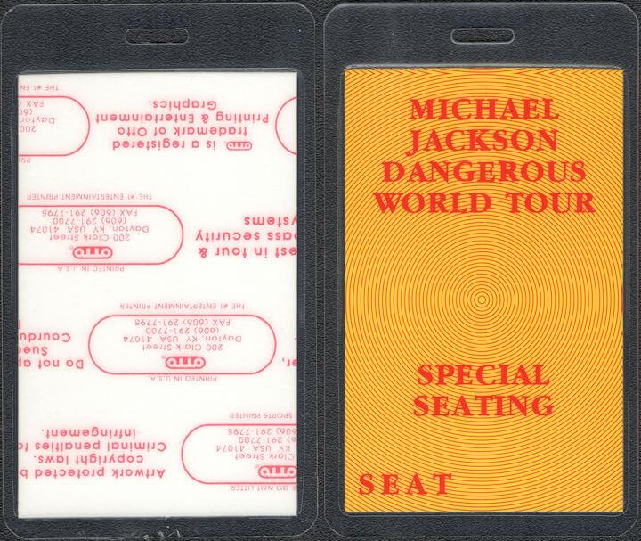Michael Jackson Otto Laminated Backstage Special Seating Pass From The Dangerous Tour