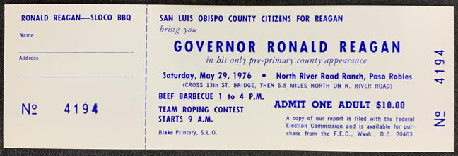 #PL300 - Rare 1976 Ronald Reagan  BBQ Ticket