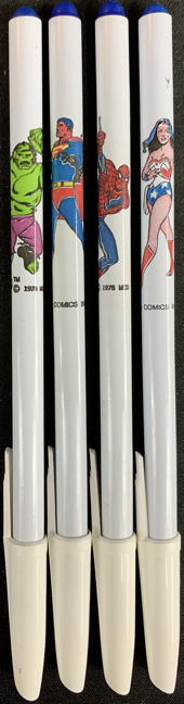 #CH676 - Set of 4 Different 1978 DC Comics Superhero Pens - Superman, Spiderman, Hulk, and Wonder Woman