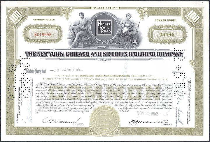 #ZZStock091 - The New York, Chicago, and St. Louis Railroad Company Stock Certificate