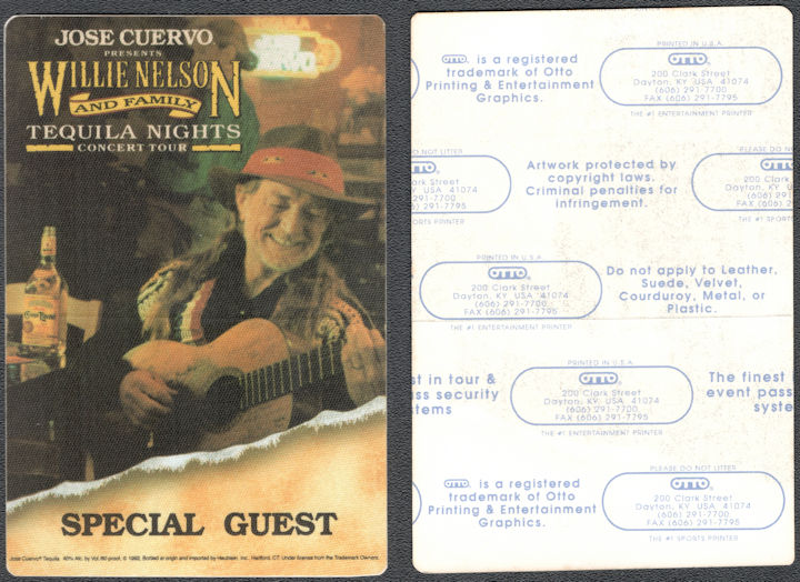 ##MUSICBP1382 - Willie Nelson Cloth OTTO Special Guest Pass from the 1992 Tequila Nights Concert Tour